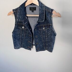 ChiQle Dark Blue Distressed Denim Vest Sleeveless Button Front